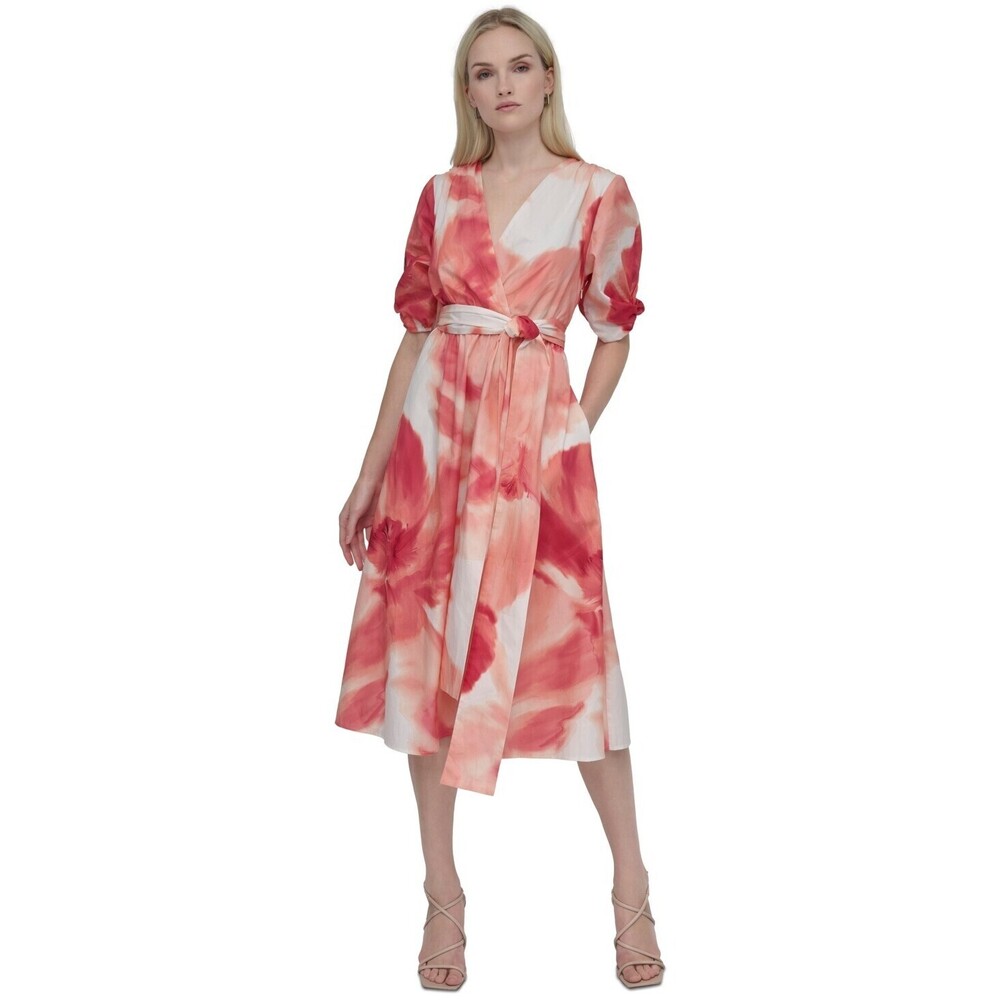 DKNY Pink and White Watercolor Wrap Midi Dress (Like New, No Tags)